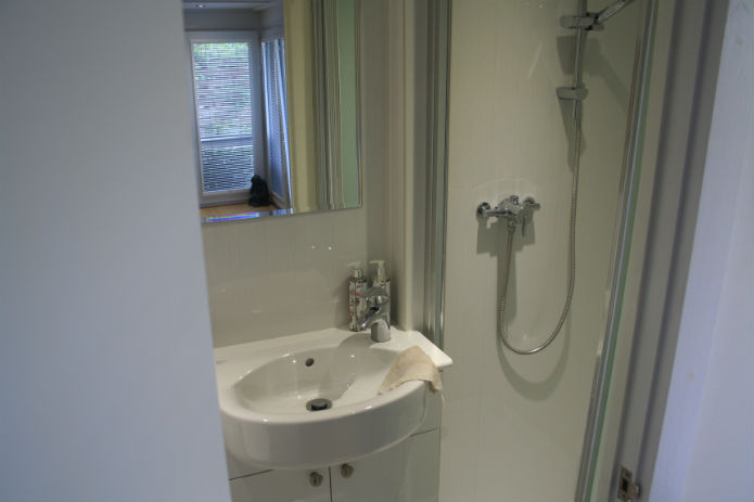 shower and sink installed in this garden room